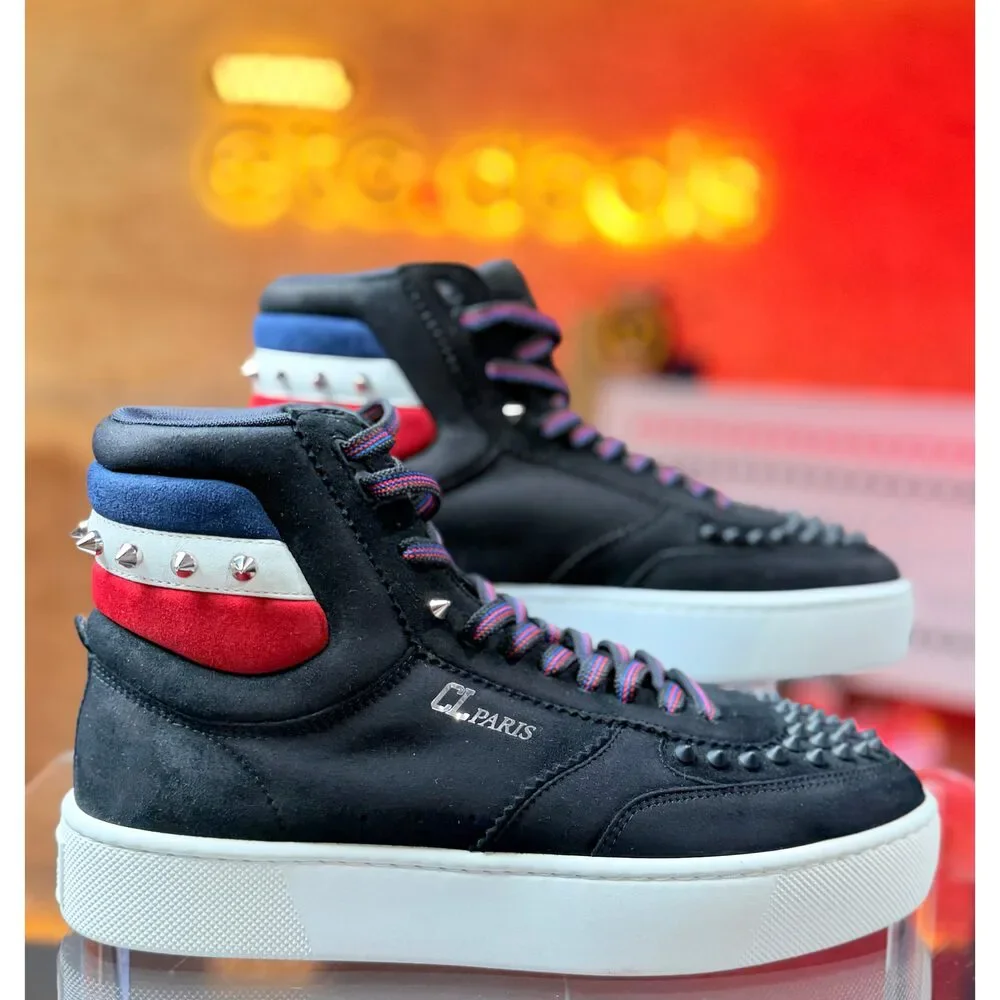 Christian Louboutin Men’s High-Top Spiked Sneakers Black Suede Red Blue EU 41